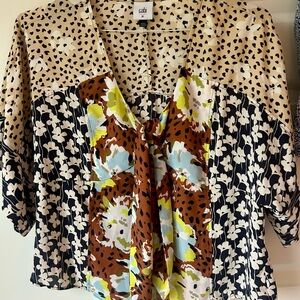 CAbi Floral and Animal Print Blouse in Black, Brown, and Blue